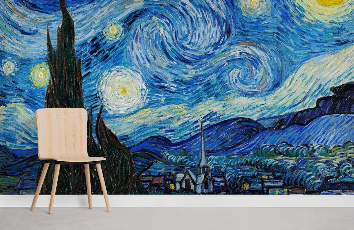 Starry Night Inspired Blue Swirl Mural Wallpaper in living room with light wooden chair and grey floor.