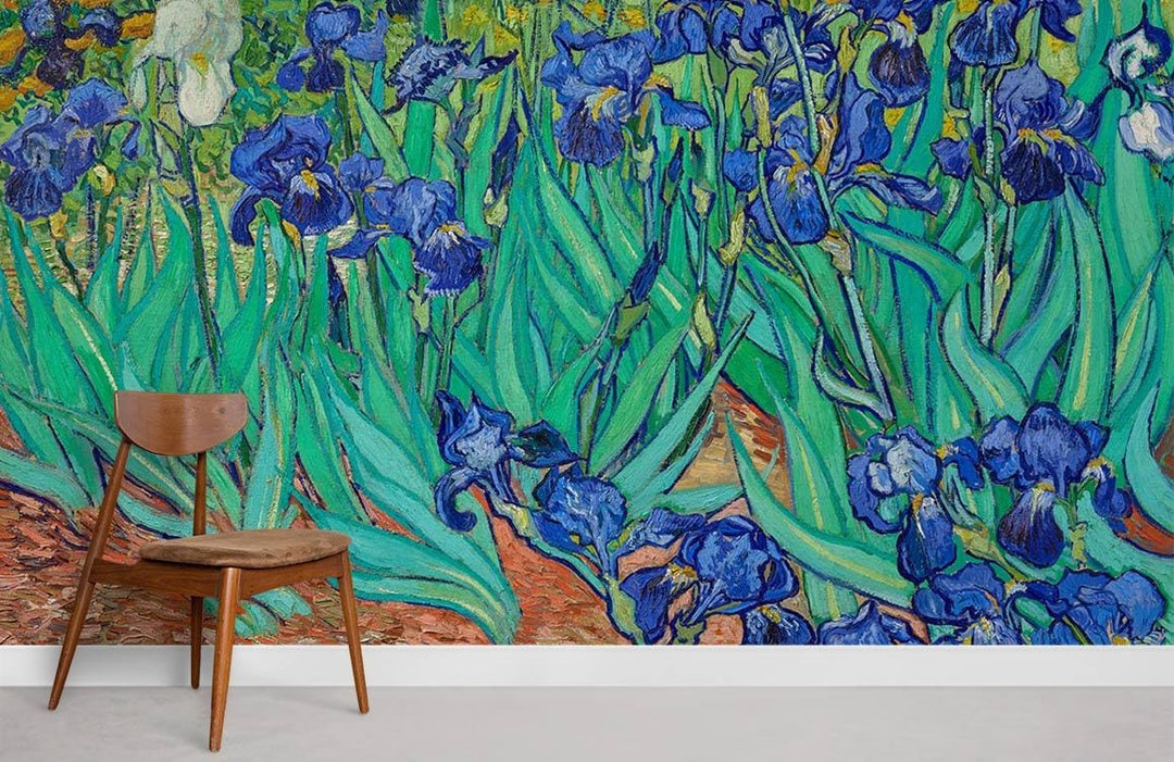 Vibrant Blue Irises mural wallpaper with brown wooden chair, set against a neutral floor.
