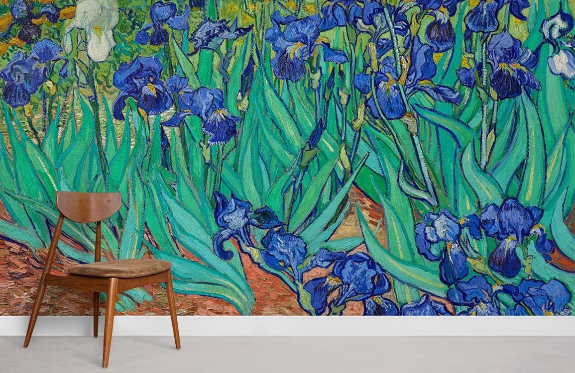 Vibrant Blue Irises mural wallpaper with brown wooden chair, set against a neutral floor.