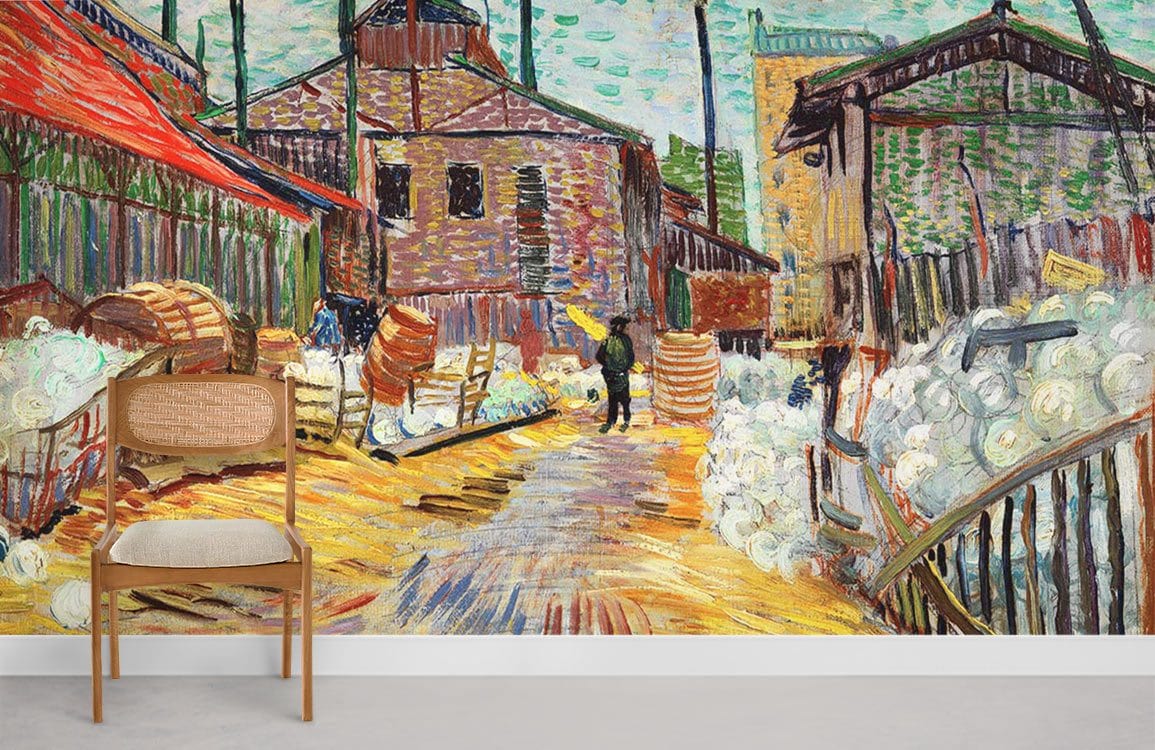 Colourful industrial street scene mural wallpaper, vintage cityscape, featuring wooden chair, grey flooring, industrial decor.