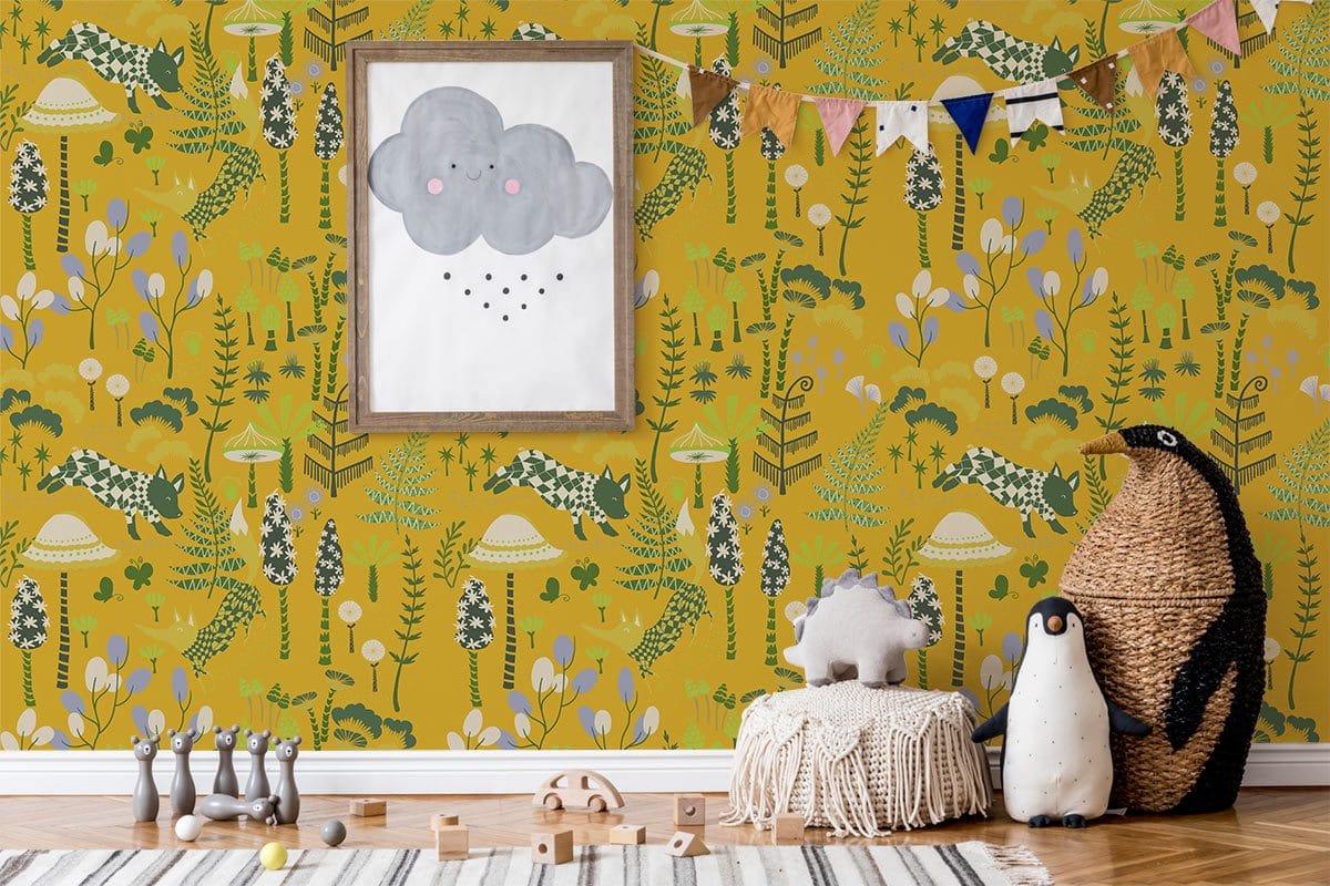Vibrant mustard jungle safari wallpaper with green exotic animals in children's playroom; wooden flooring.