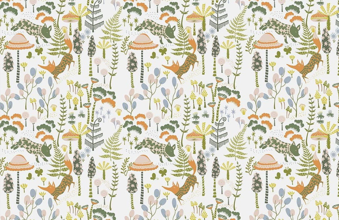 Whimsical Forest Adventure Wallpaper with Playful Wildlife and Pastel Tones