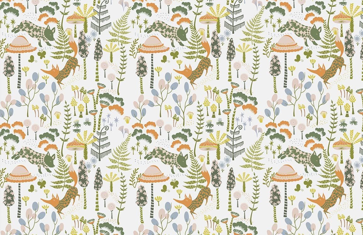 Whimsical Forest Adventure Wallpaper with Playful Wildlife and Pastel Tones