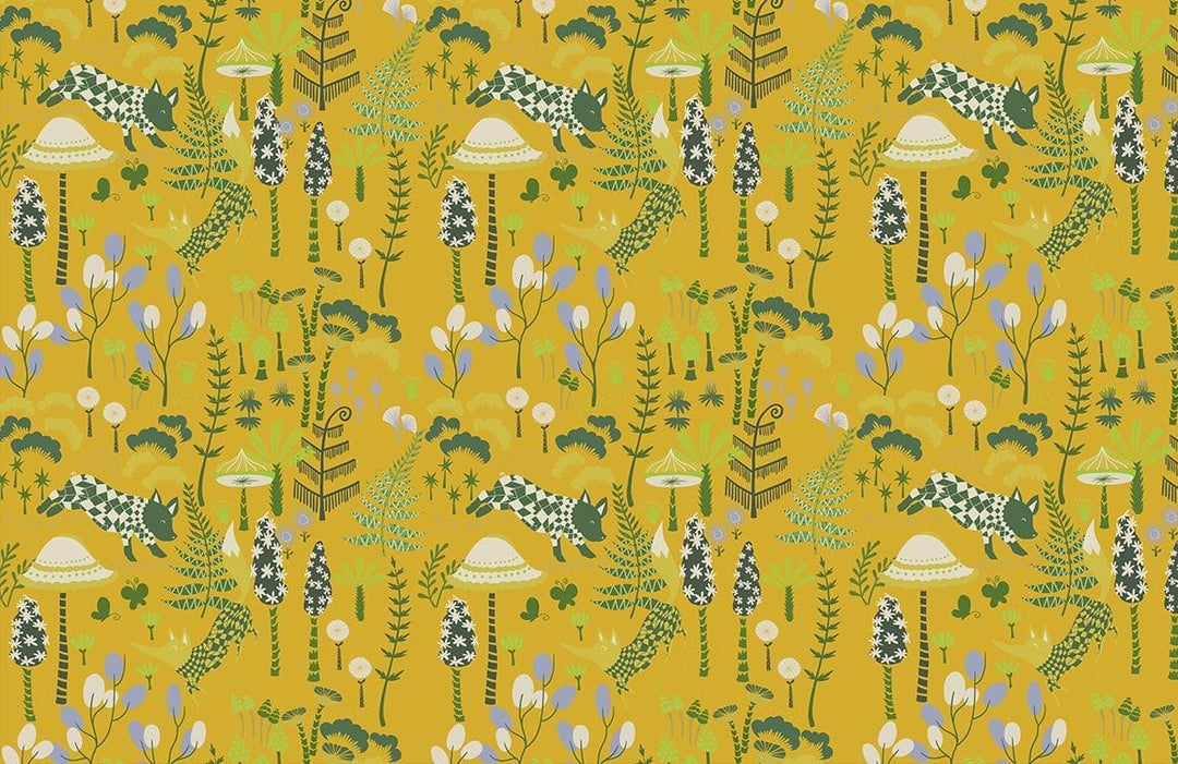 Vibrant Mustard Jungle Safari Patterned Wallpaper with Green Exotic Animals