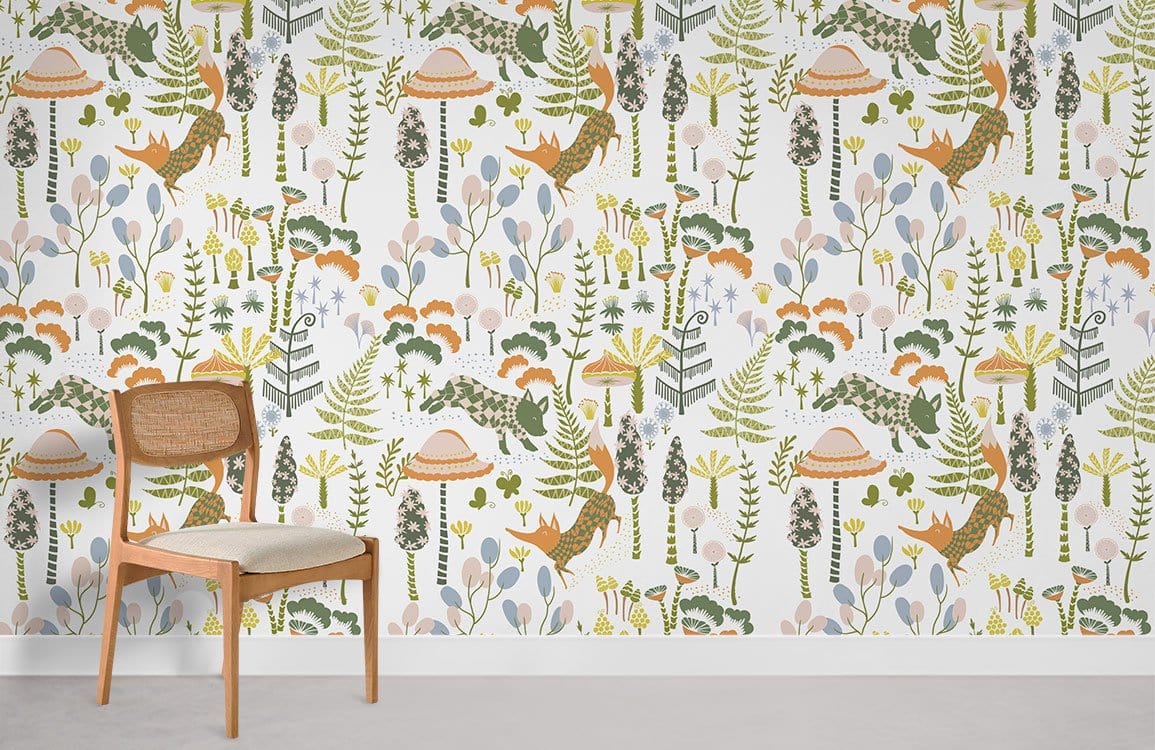 Whimsical forest wallpaper with wildlife, pastel tones, light wooden chair, minimalistic room, concrete floor.