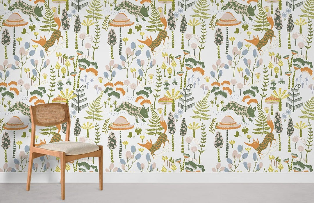 Whimsical forest wallpaper with wildlife, pastel tones, light wooden chair, minimalistic room, concrete floor.