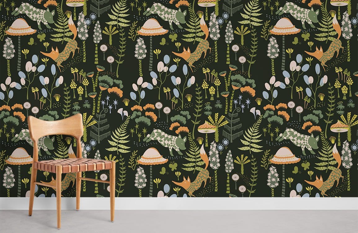 Woodland Forest Charm green mural wallpaper featuring botanical design, wooden chair, light grey flooring.