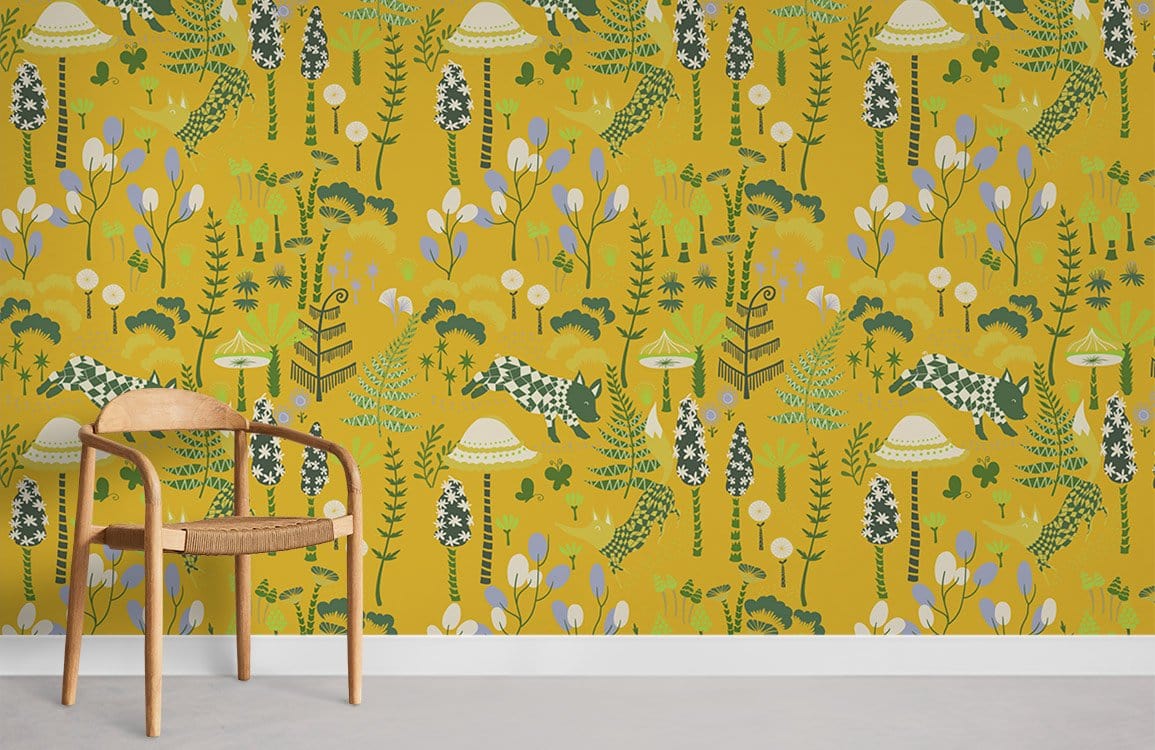Mustard safari wallpaper with green animals, wooden chair, modern interior, concrete flooring, vibrant design.