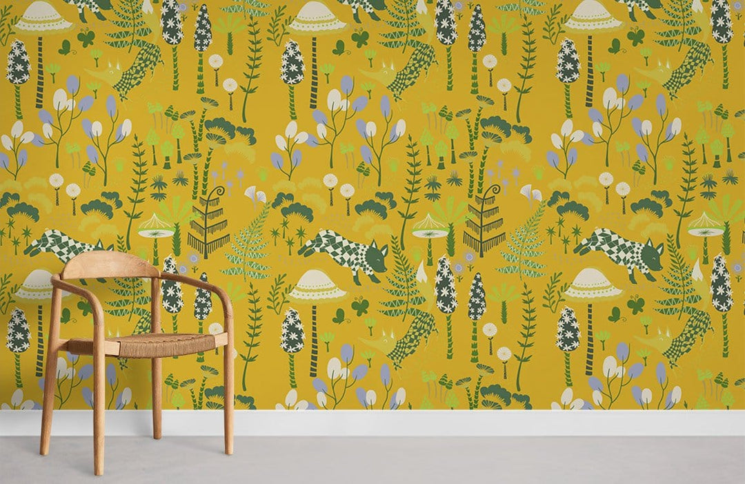 Mustard safari wallpaper with green animals, wooden chair, modern interior, concrete flooring, vibrant design.