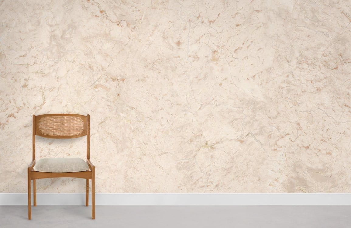 Beige marble-effect textured wallpaper with elegant chair, enhancing timeless interior design in minimalistic style.