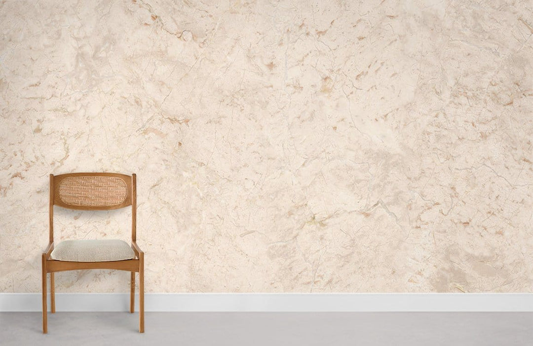 Beige marble-effect textured wallpaper with elegant chair, enhancing timeless interior design in minimalistic style.