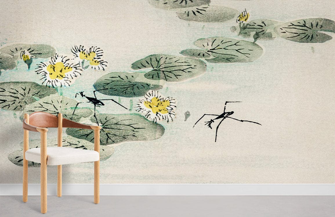 Tranquil mural wallpaper featuring water lilies, soft-toned chair; serene living room with grey flooring.
