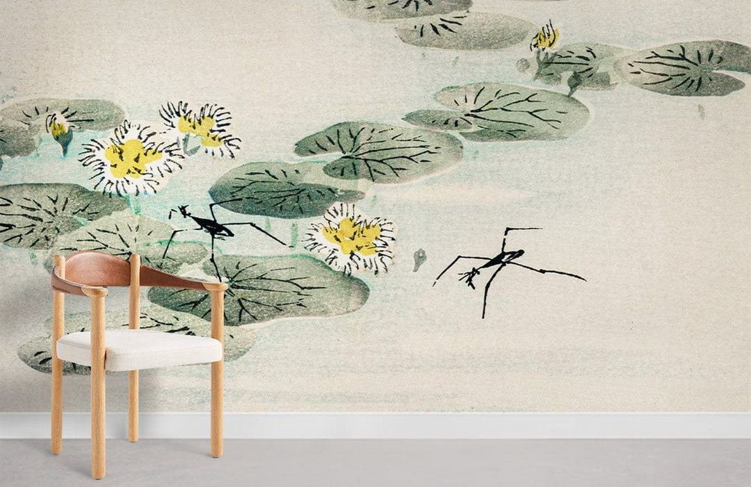 Tranquil mural wallpaper featuring water lilies, soft-toned chair; serene living room with grey flooring.