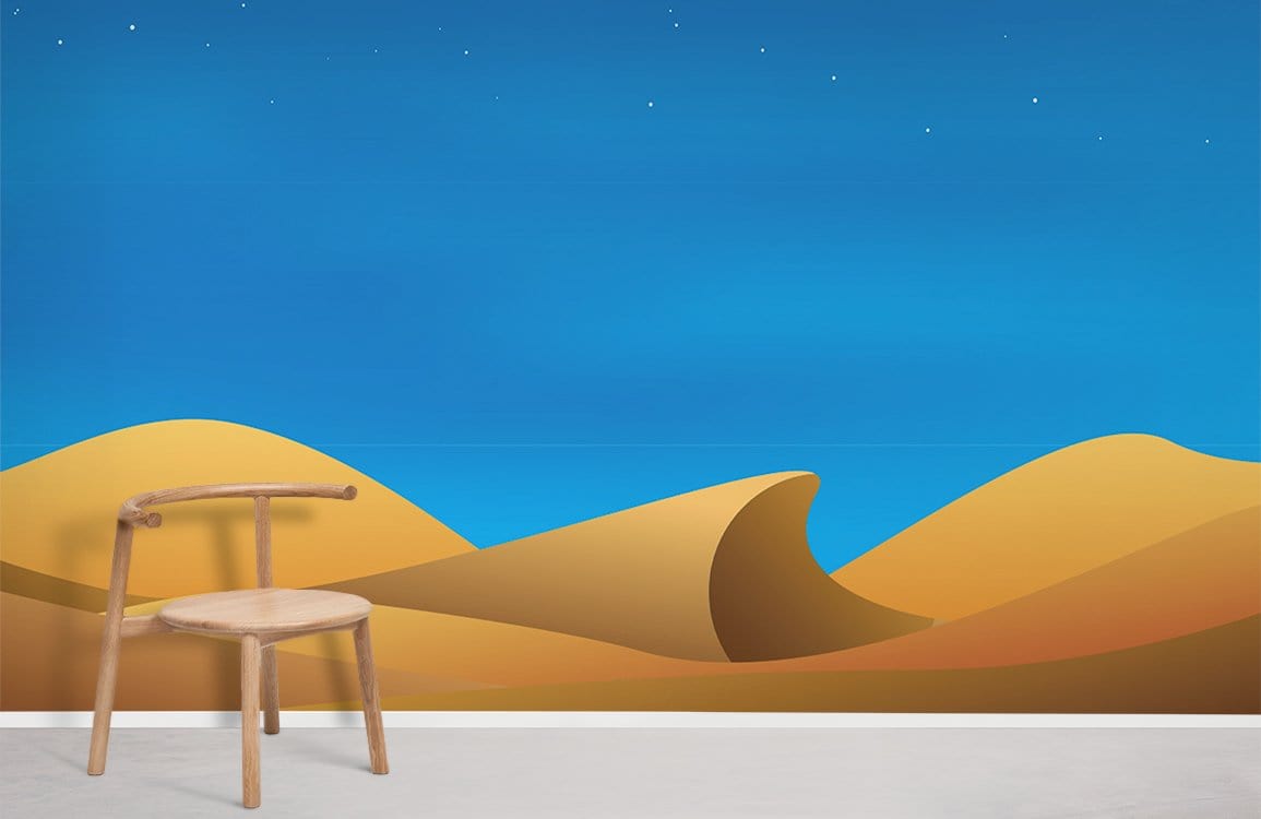 Desert Night Sky Mural Wallpaper in Deep Blue with wooden chair and concrete floor in room.