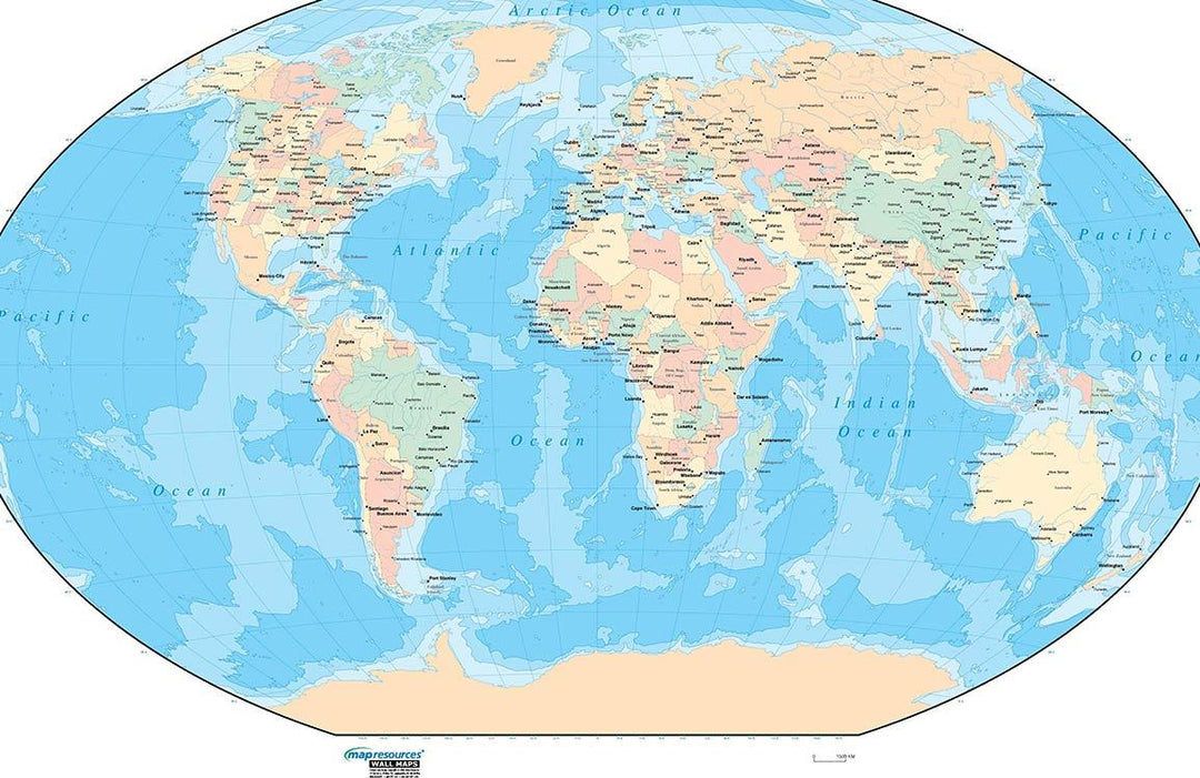 Educational World Map Mural Wallpaper in Soft Blue and Beige Tones