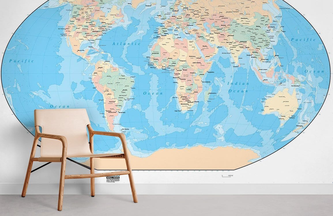 Educational world map mural wallpaper in soft blue and beige tones, wooden chair, minimalist decor.