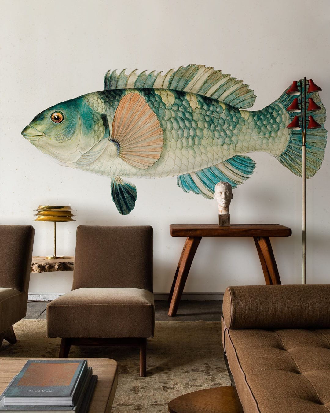 Vintage Aquatic Wonders watercolour fish wallpaper in elegant living room with brown sofas and wood flooring.