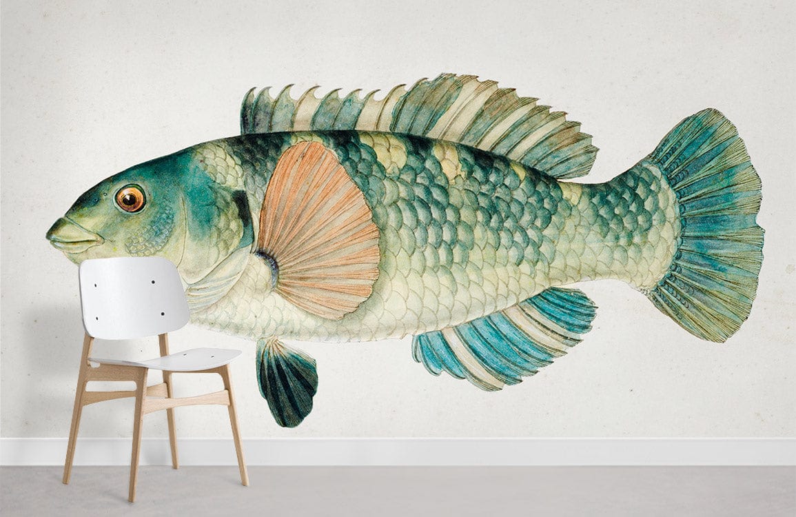 Vintage Aquatic Wonders wallpaper with watercolour fish, white chair, minimalistic decor, neutral flooring.