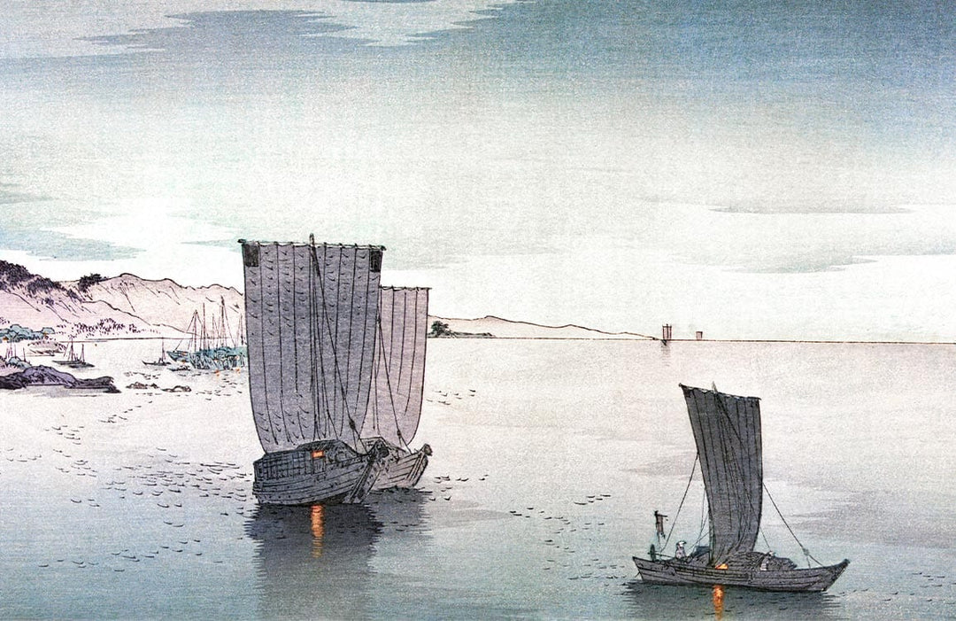 Tranquil Seascape Mural Wallpaper: Vintage Boats in Soft Greys and Blues