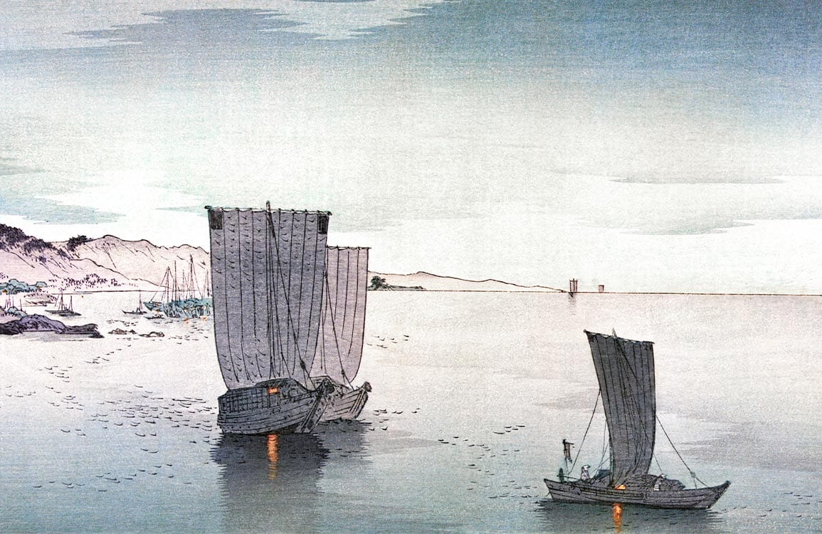 Tranquil Seascape Mural Wallpaper: Vintage Boats in Soft Greys and Blues
