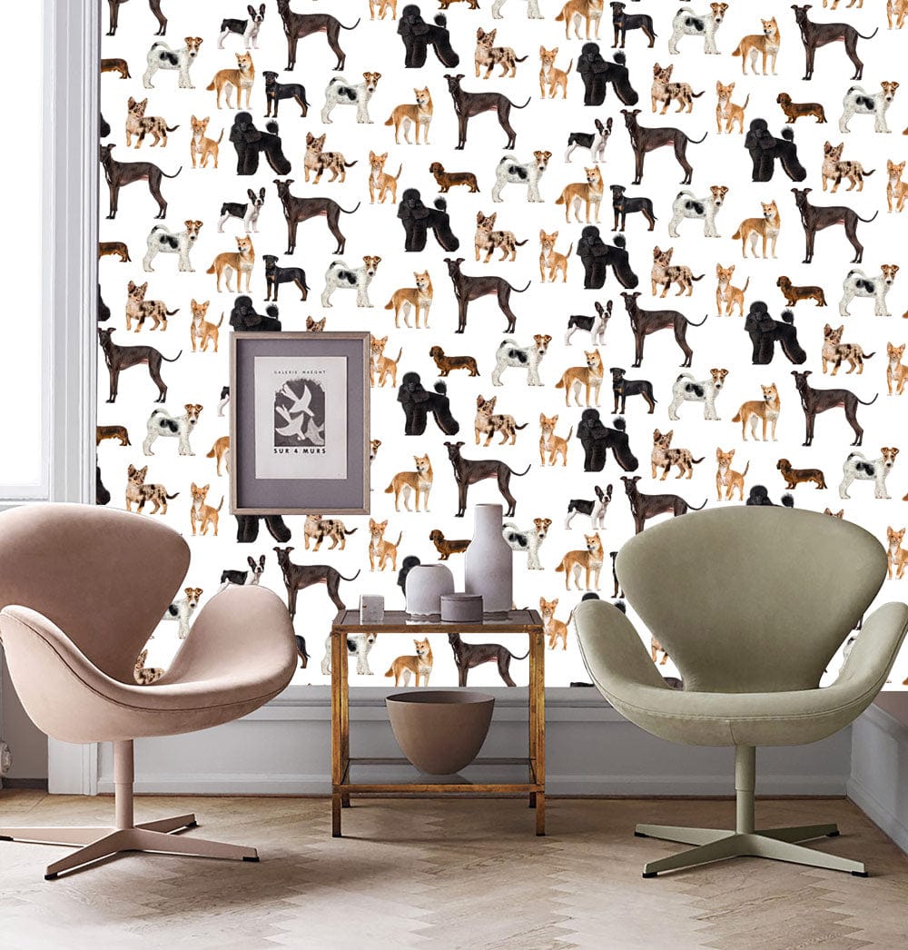Multicolour dog-themed wallpaper with modern chairs and wooden flooring in stylish living room setting.