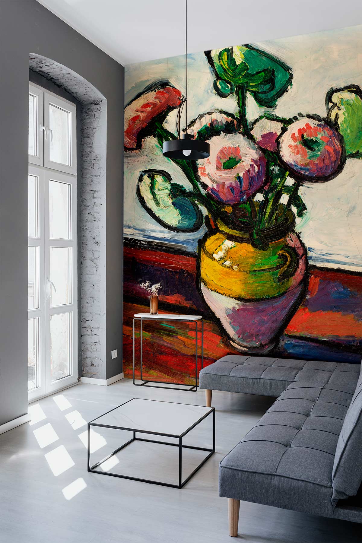 Vibrant floral mural wallpaper, grey sofa, modern apartment, light wood flooring, large windows, stylish decor.