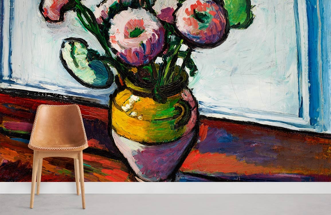 Vibrant floral mural wallpaper with vase; features leather chair, neutral flooring, artistic wall decor.