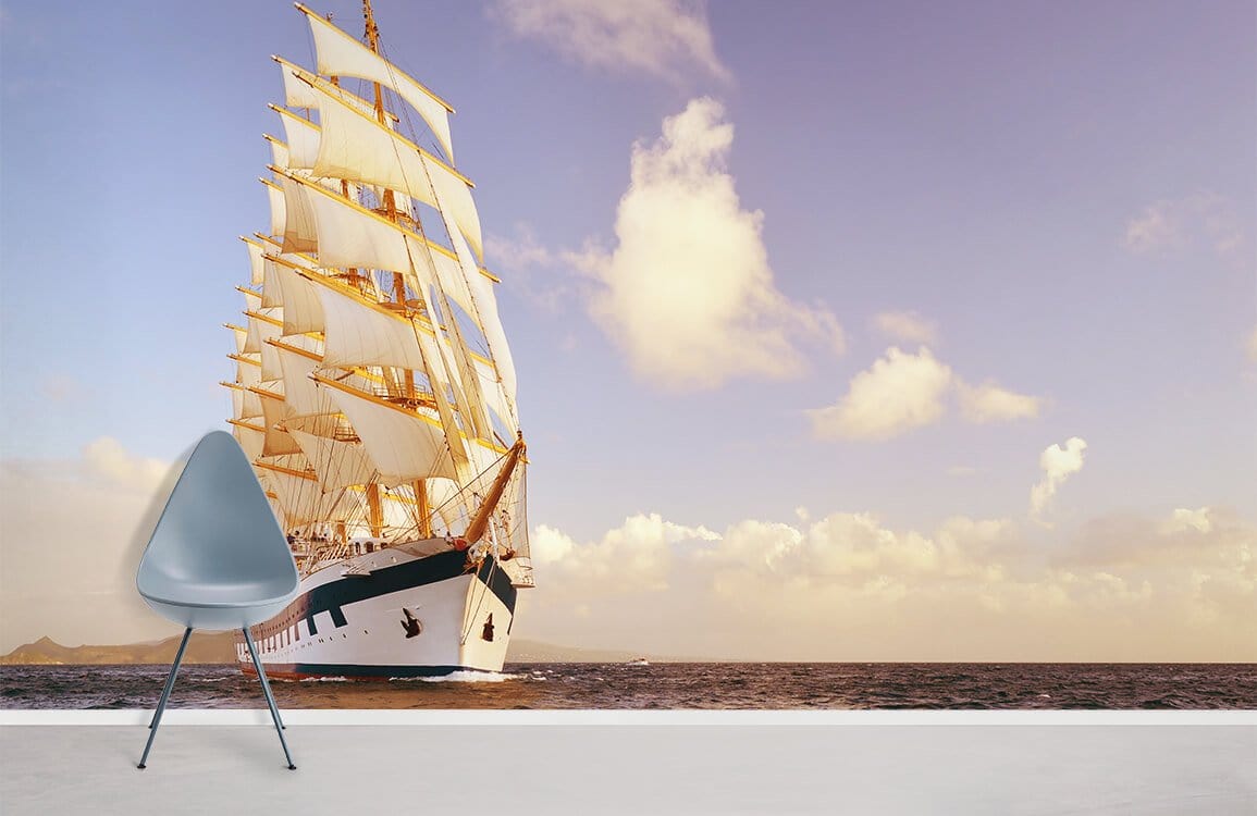 Majestic Golden Sailing Ship Ocean Sunset Mural with Nautical Décor, modern chair, light floor.
