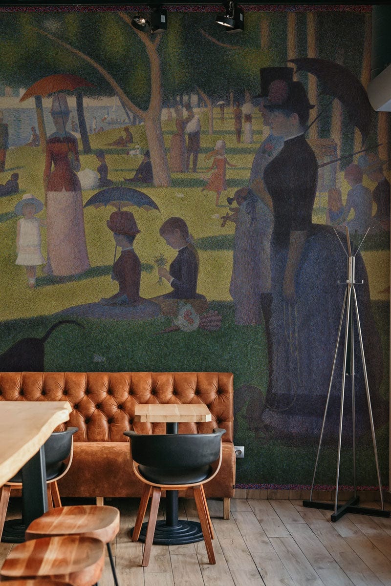 Elegant Pointillism mural wallpaper in dining area with brown leather sofa and wooden flooring.