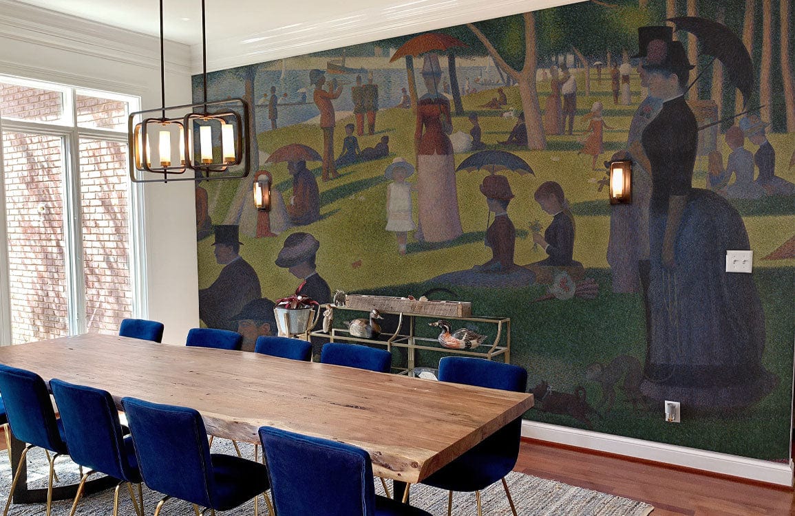 Elegant Pointillism mural wallpaper in dining room with wooden table, blue chairs, and parquet flooring.