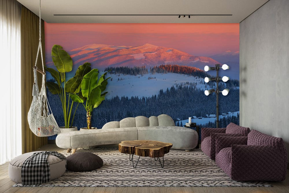 Sunset Mountain Mural in pink-blue hues with modern furniture, grey walls, and stylish lighting.