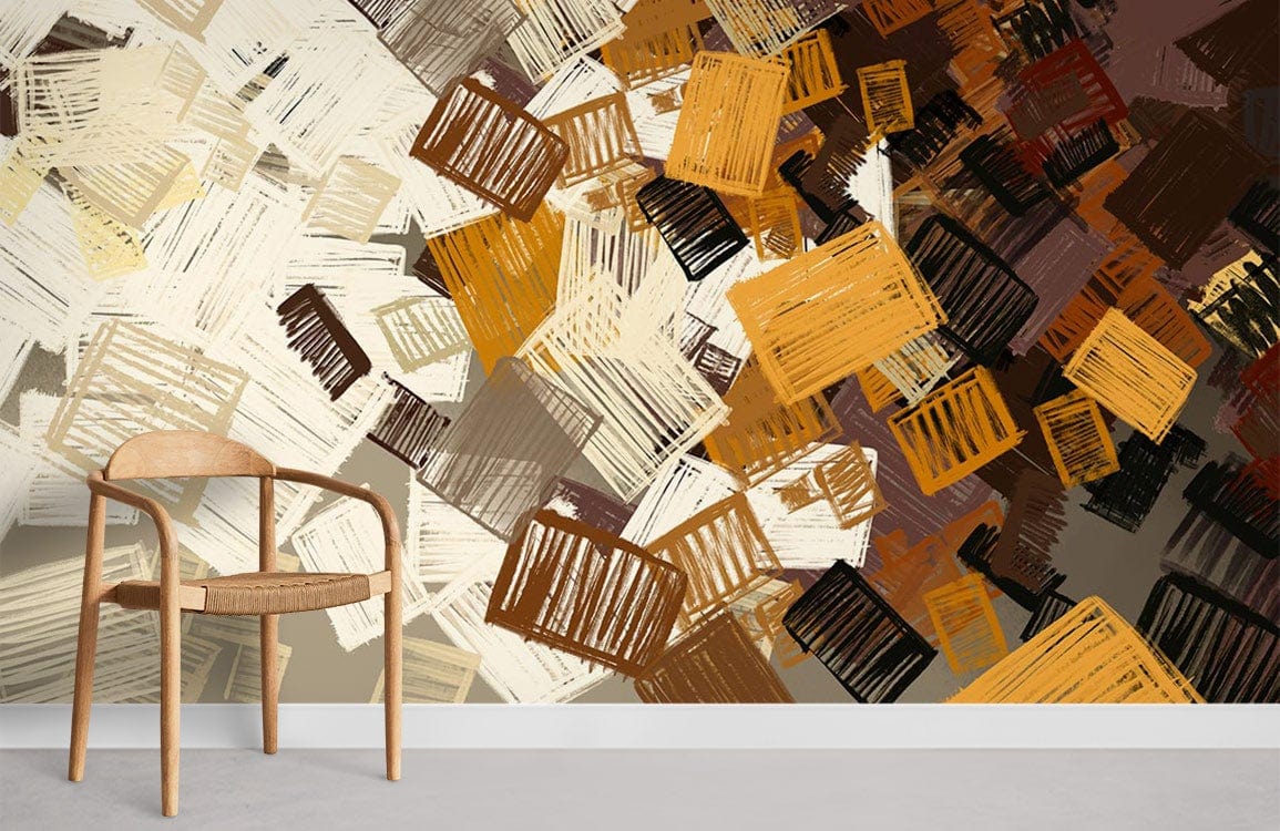 Autumn wallpaper with rustic tones, geometric squares, wooden chair, and neutral flooring in modern room.
