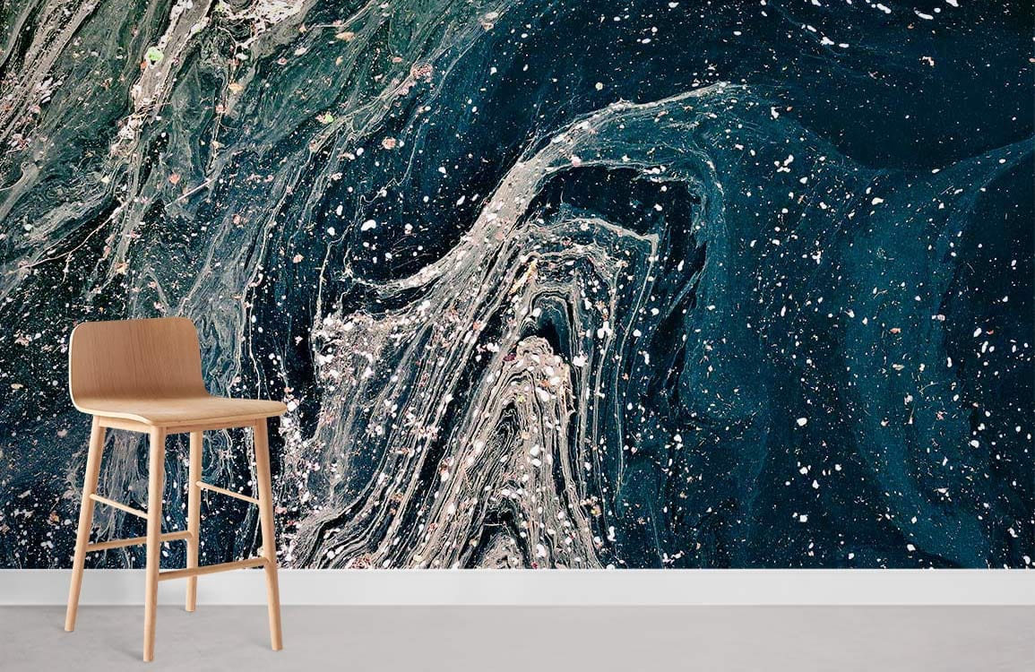 Elegant room with abstract teal blue marble swirl mural wallpaper and minimalist wooden chair.