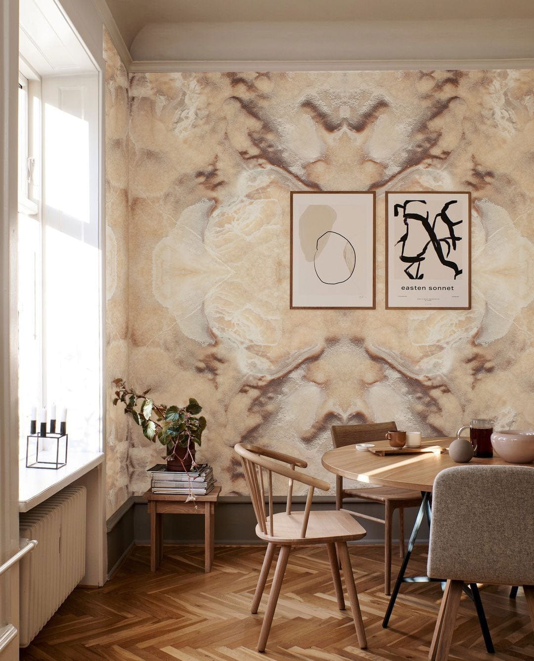 Elegant Beige Marble Effect Mural Wallpaper in dining room with wooden flooring, abstract wall art.