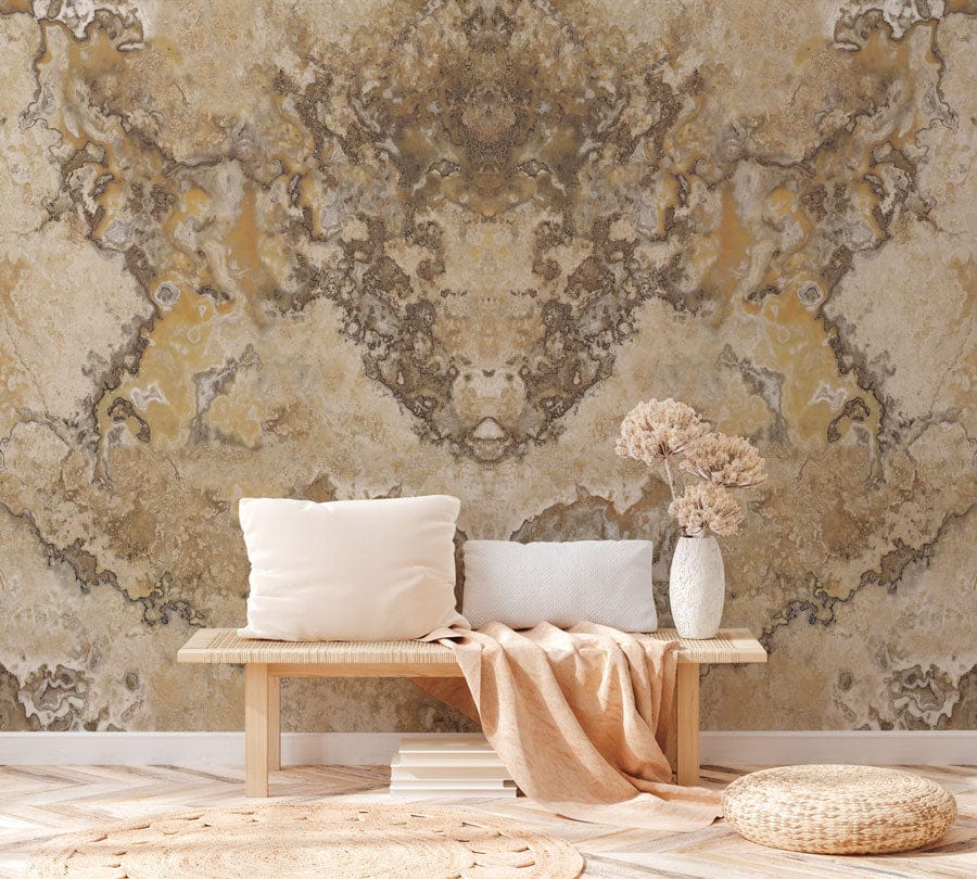 Beige and brown marble effect wallpaper, bench with cushions, herringbone wood flooring in living room.
