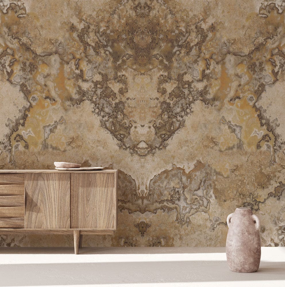 Beige and brown marble wallpaper with natural stone effect, wooden sideboard, ceramic vase, neutral flooring.