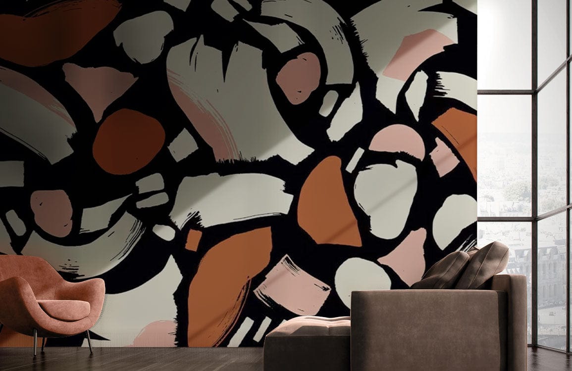 Abstract geometric wallpaper mural in black and rust, modern living room with stylish armchair and sofa.