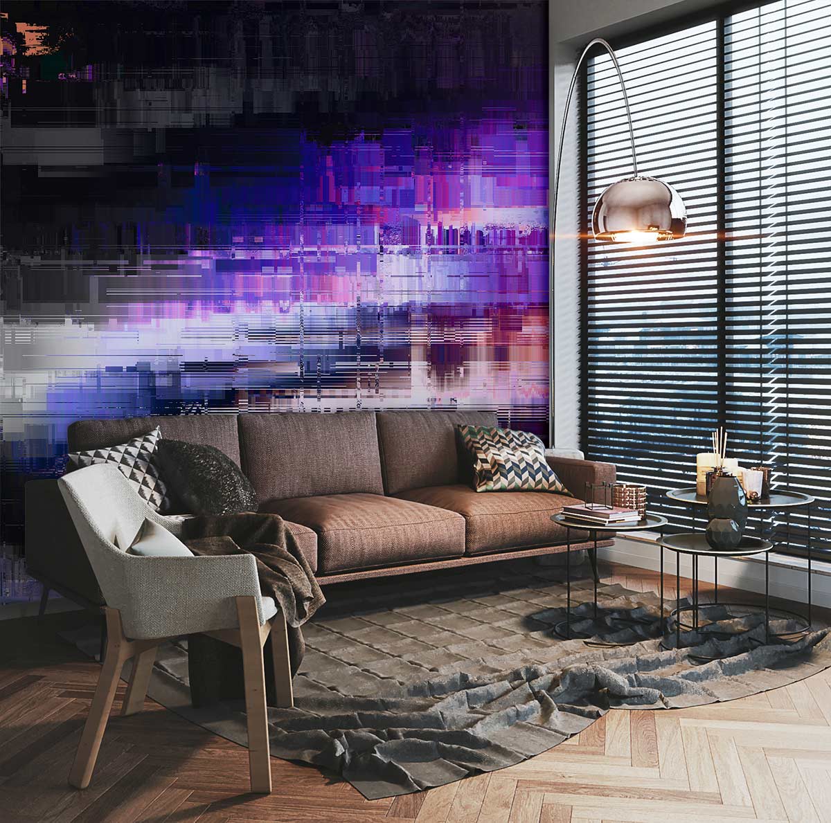 Vibrant abstract mural with purple hues, brown sofa, parquet flooring, modern lamp, corner window blinds.