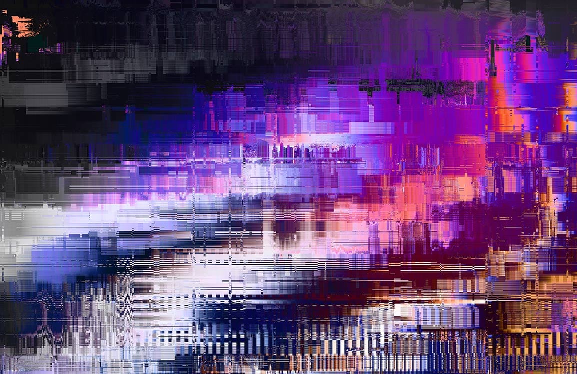 Vibrant Abstract Pixel Glitch Mural Wallpaper in Purple and Black Hues
