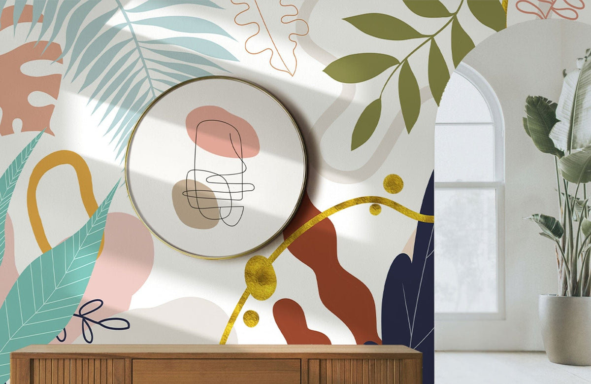 Colourful abstract botanical mural wallpaper in modern room, wooden sideboard, abstract wall art.