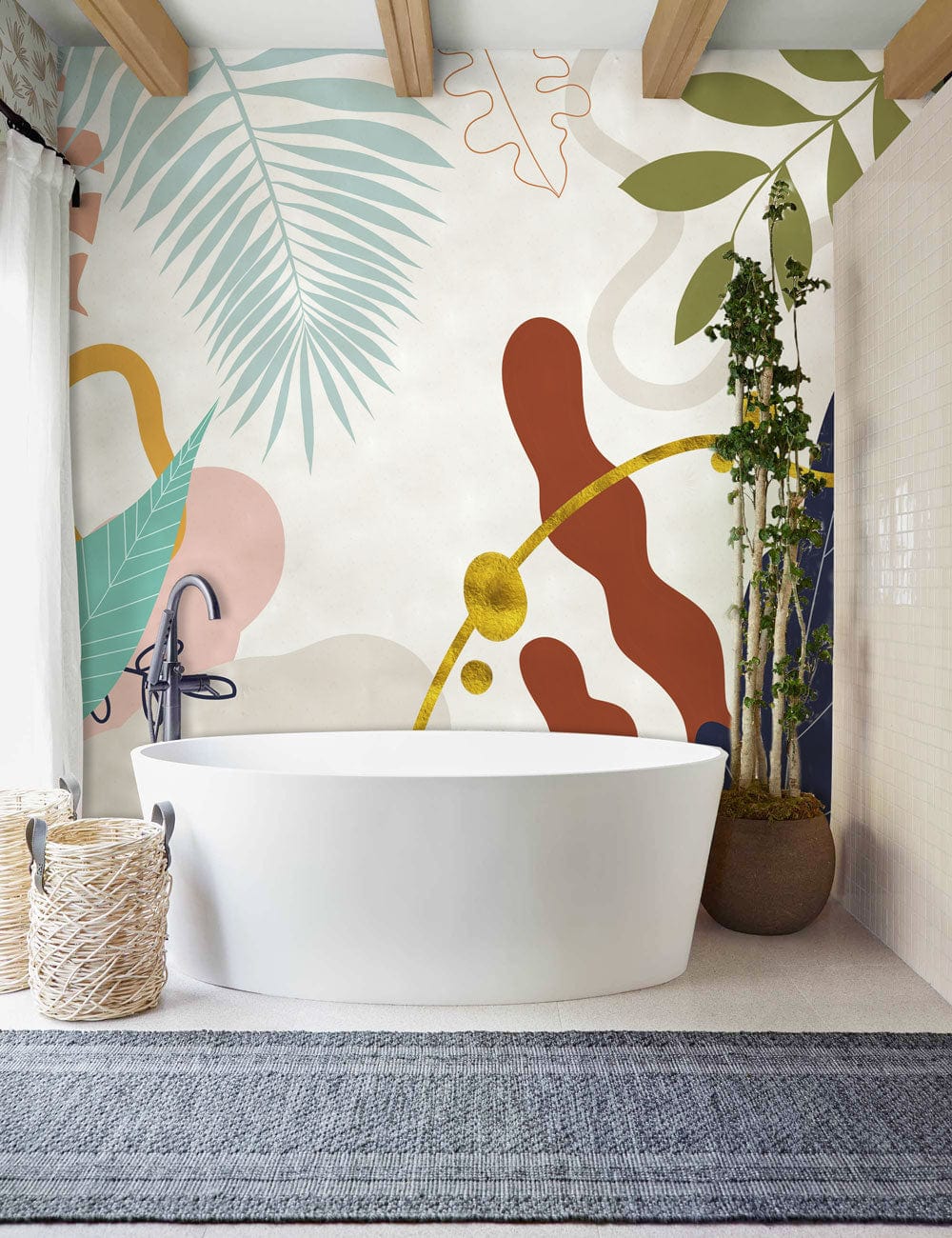 Modern bathroom with Colourful Abstract Botanical Pattern Mural Wallpaper, featuring a large white bathtub.