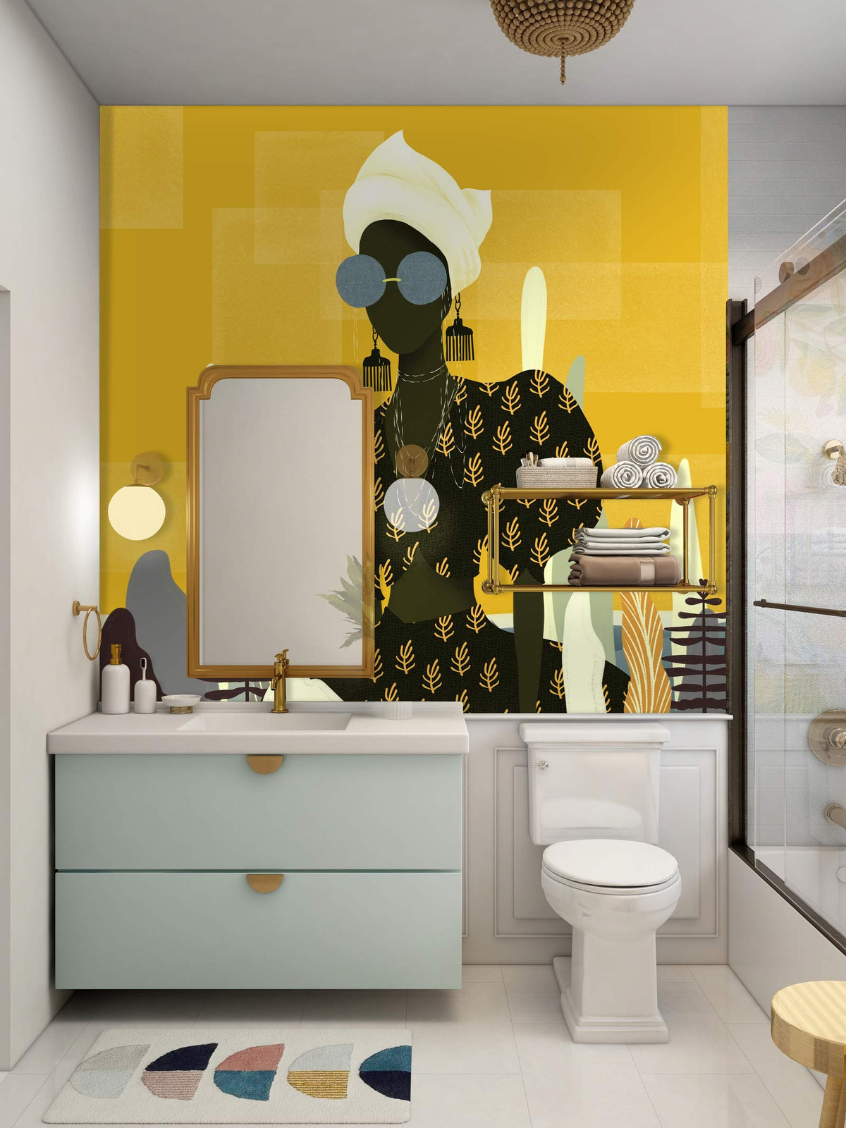Chic Abstract Art Wallpaper in bathroom with mint vanity, modern shower, and earthy tones design.