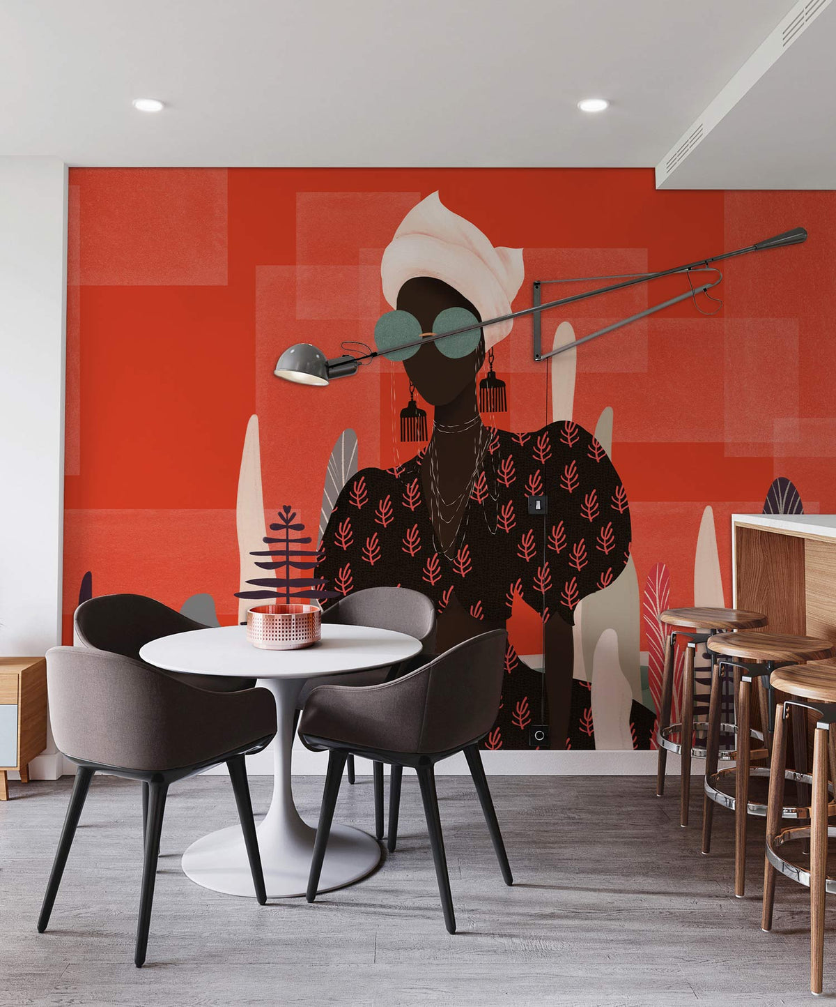 Afro-Futuristic red Art Deco wallpaper with modern dining set and wooden bar stools in kitchen area.