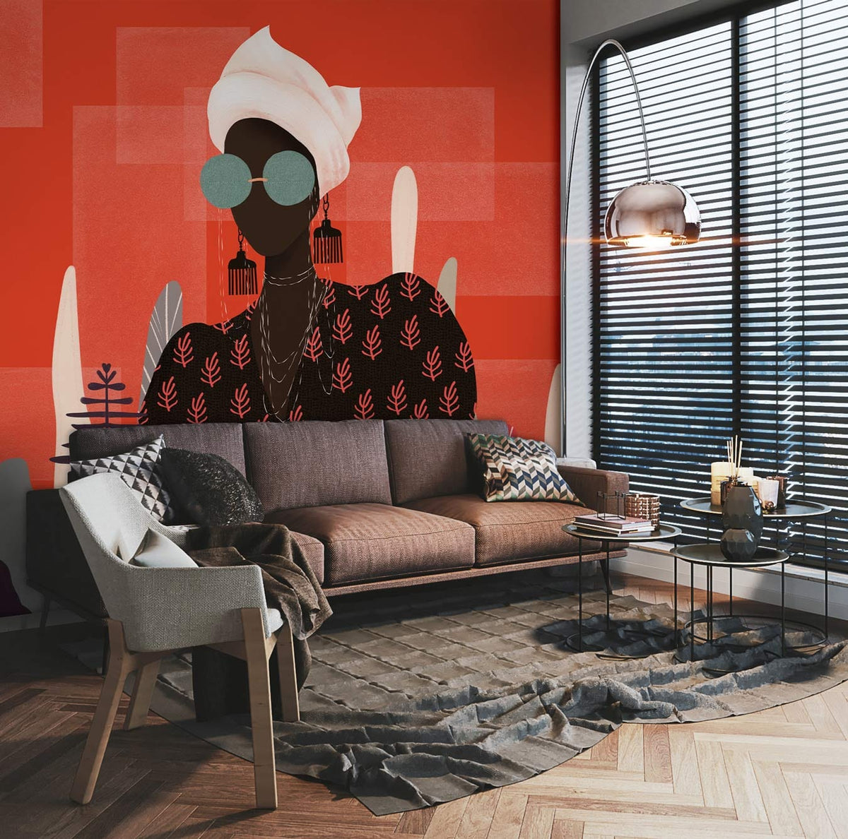 Red and black art deco wallpaper, Afro-futuristic design, brown sofa, modern floor lamp, wooden flooring.