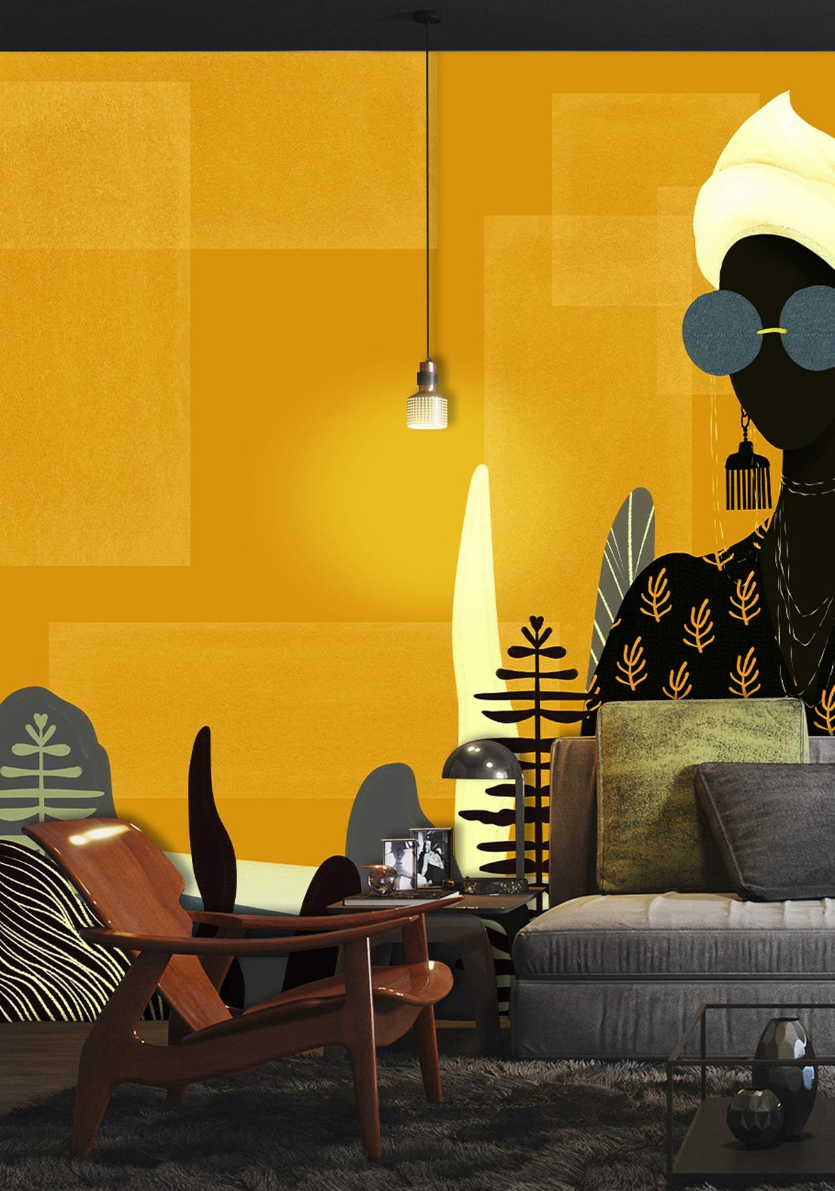 Chic Abstract Art Wallpaper in Yellow, Modern Living Room with Grey Sofa, Sleek Armchair, Warm Tones.