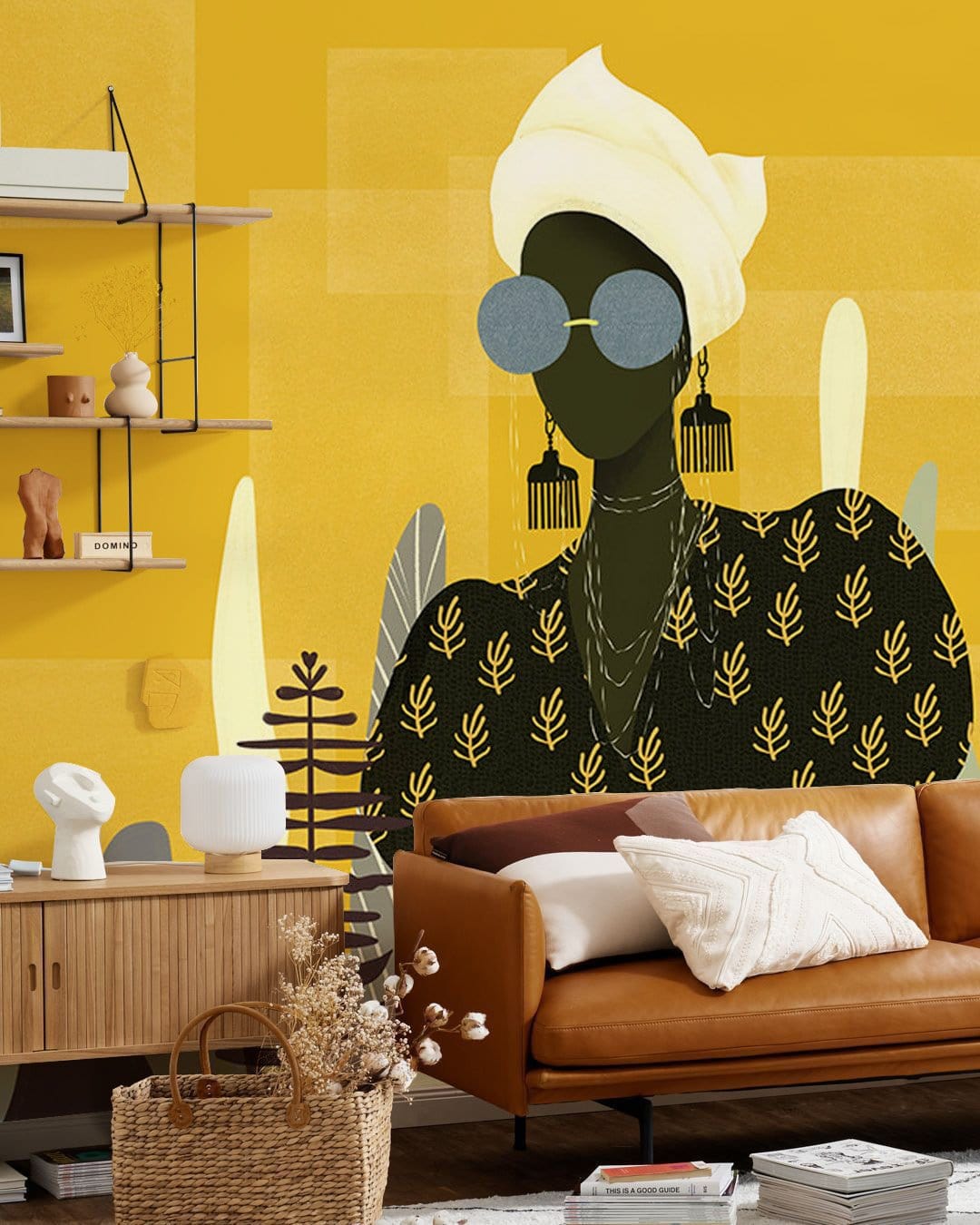 Chic Abstract Art Wallpaper with bold design in living room, featuring brown leather sofa and shelves.