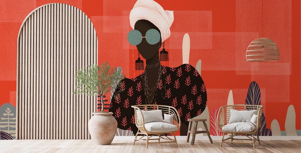 Vibrant red and black Art Deco wallpaper, Afro-futuristic design, light wood flooring, contemporary chairs.