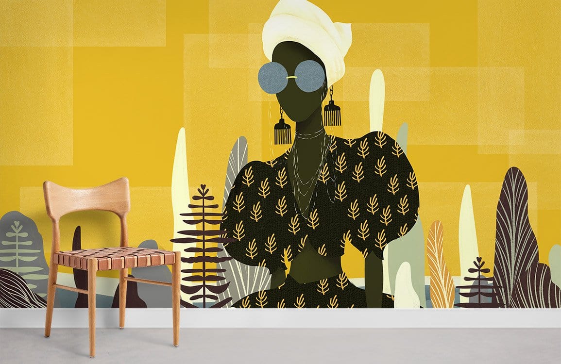 Chic abstract wallpaper in bold yellow with earthy tones and minimalist chair in modern room.