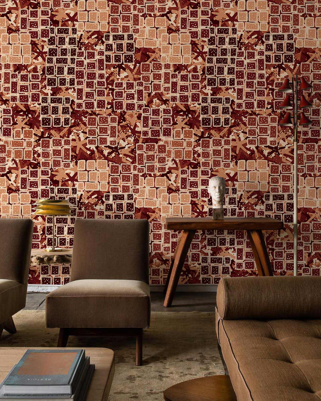 Rustic Autumn Mosaic Wallpaper in earthy tones, mid-century furniture, brown sofa, modern living room.