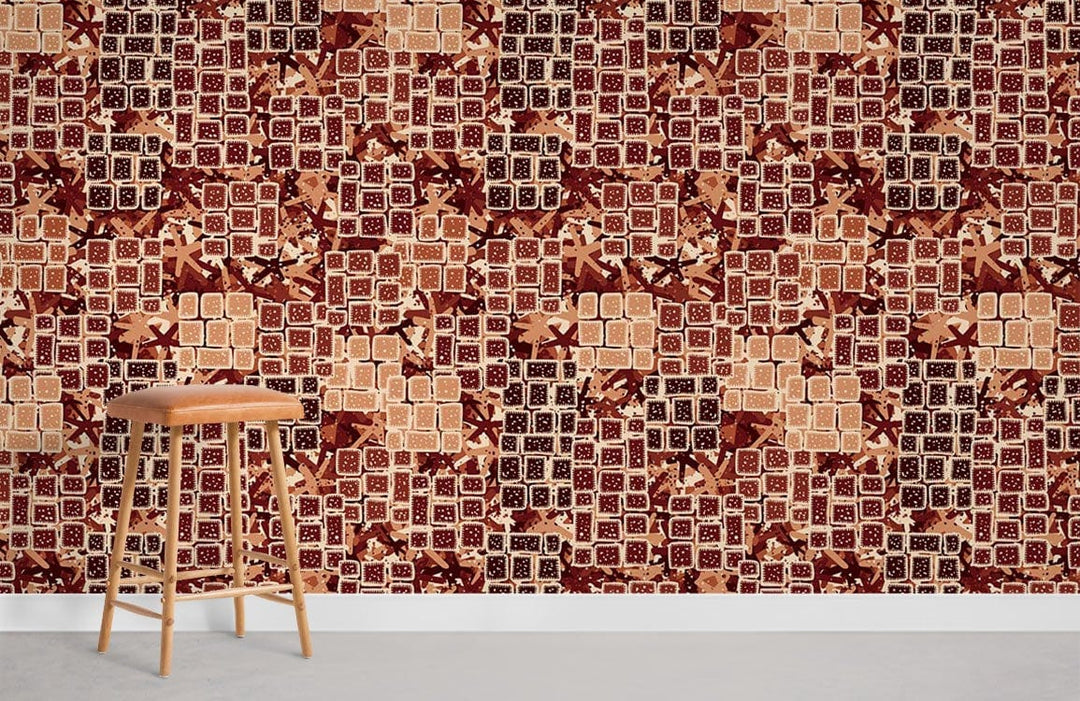 Rustic Autumn Mosaic Wallpaper with earthy tones, geometric design, wooden stool, minimalist room style.